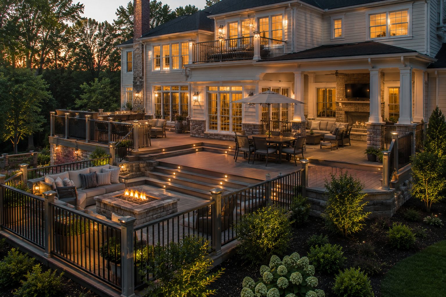 Multi-level composite deck with built-in lighting at twilight built by Berriz in Fairfax Station, Virginia