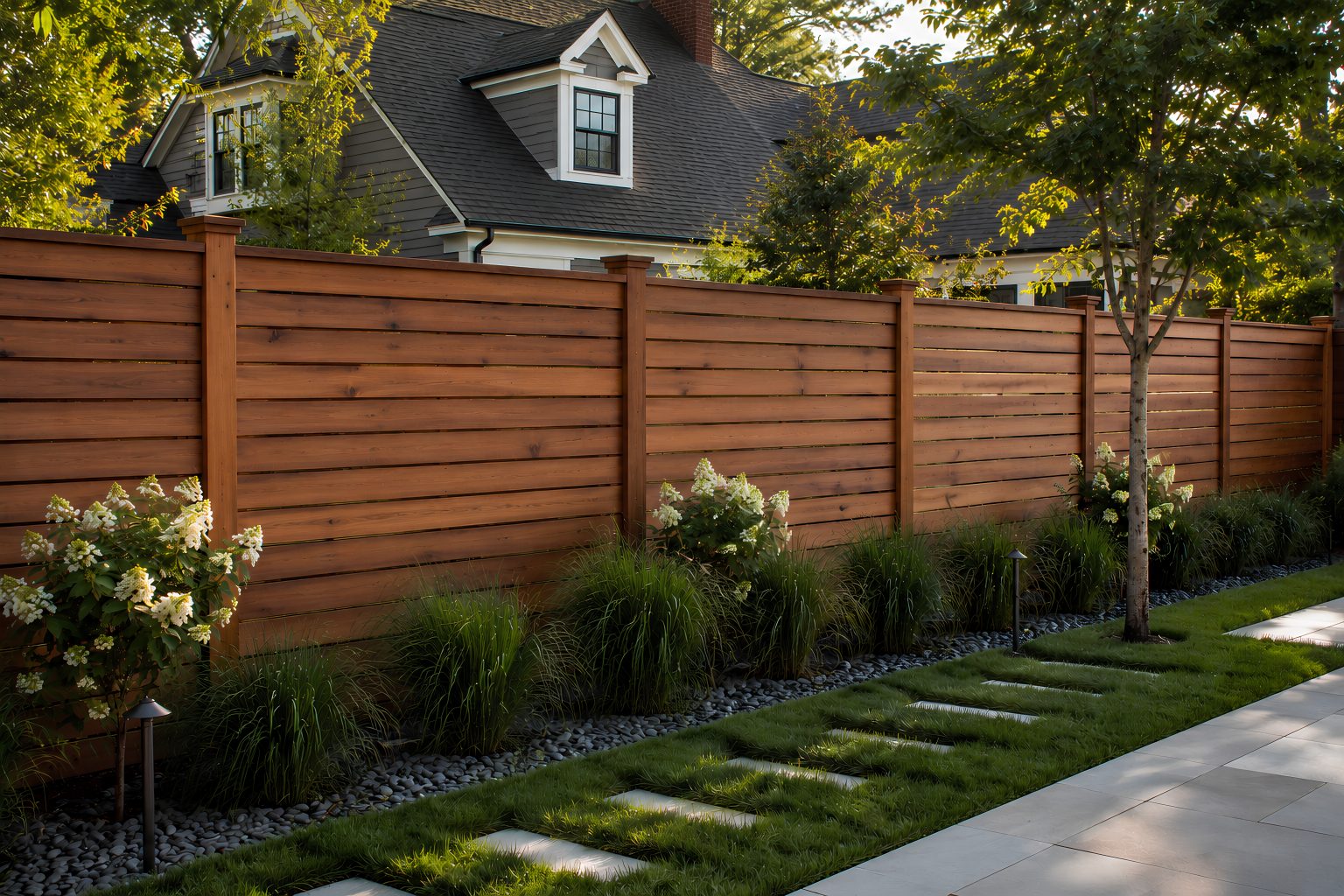 Cedar board-on-board privacy fence with horizontal-slat gate built by Berriz in Vienna, Virginia