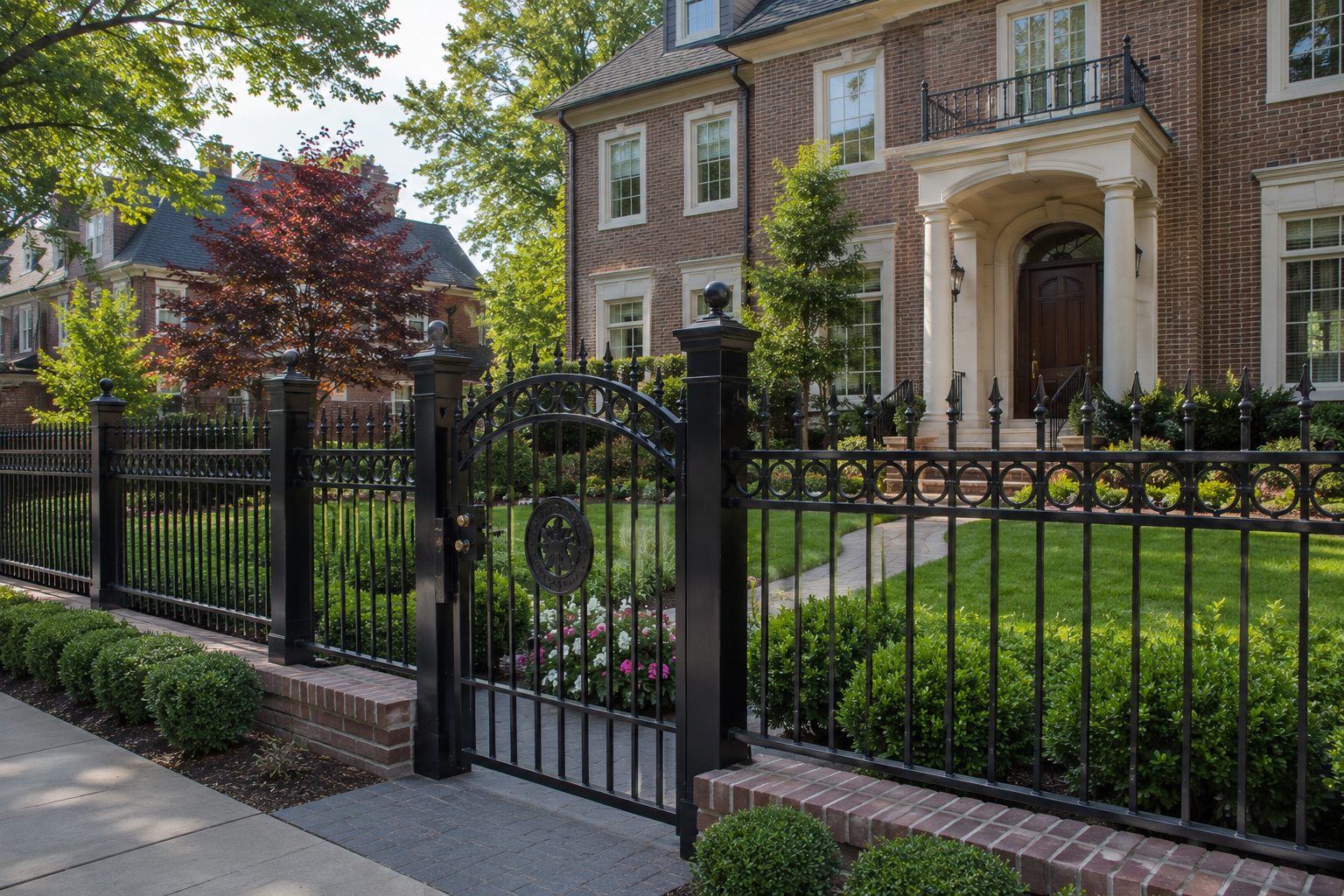 Black ornamental wrought-iron estate fence with brick columns built by Berriz in Arlington, Virginia